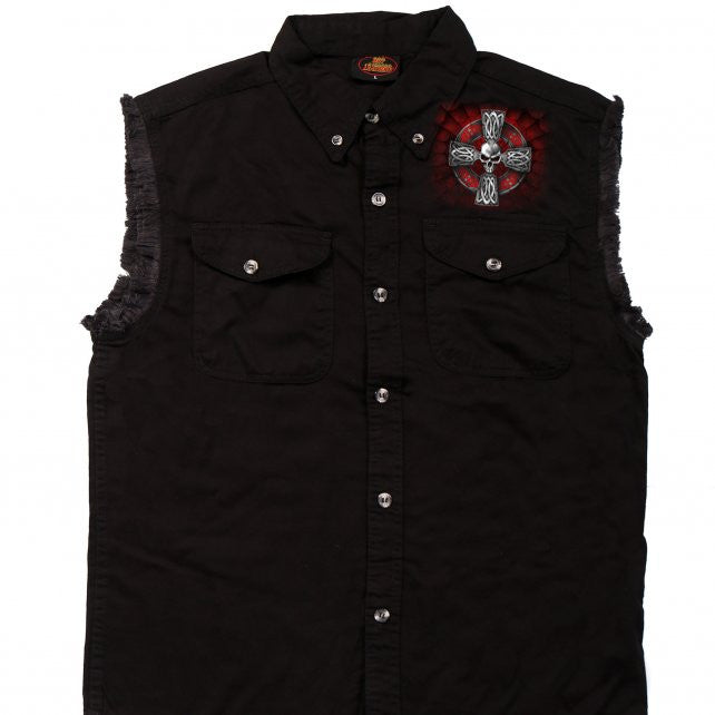 Hot Leathers Celtic Cross Black Sleeveless Denim Button Up Biker Shirt Sleeveless Denim - Tophatter Daily Deals
