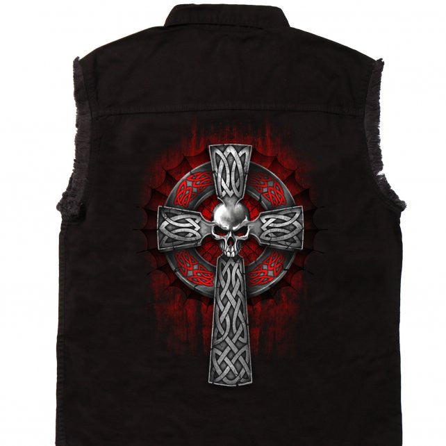 Hot Leathers Celtic Cross Black Sleeveless Denim Button Up Biker Shirt Sleeveless Denim - Tophatter Daily Deals
