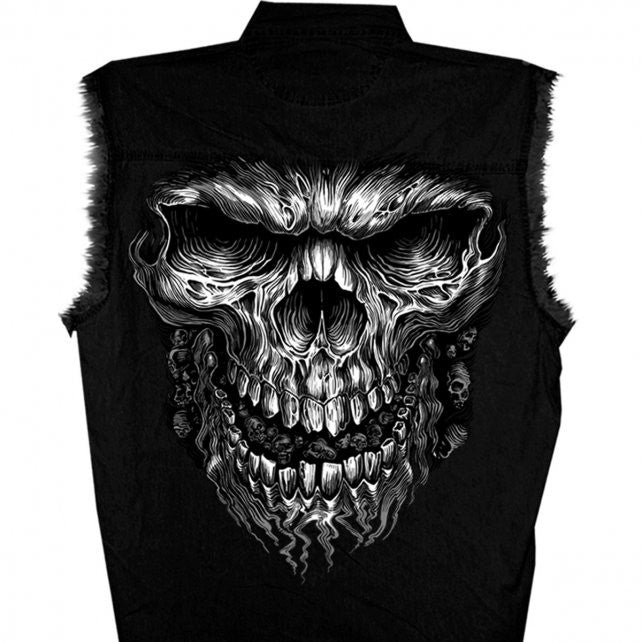 Hot Leathers Shredder Skull Black Sleeveless Denim Biker Shirt Sleeveless Denim - Tophatter Daily Deals