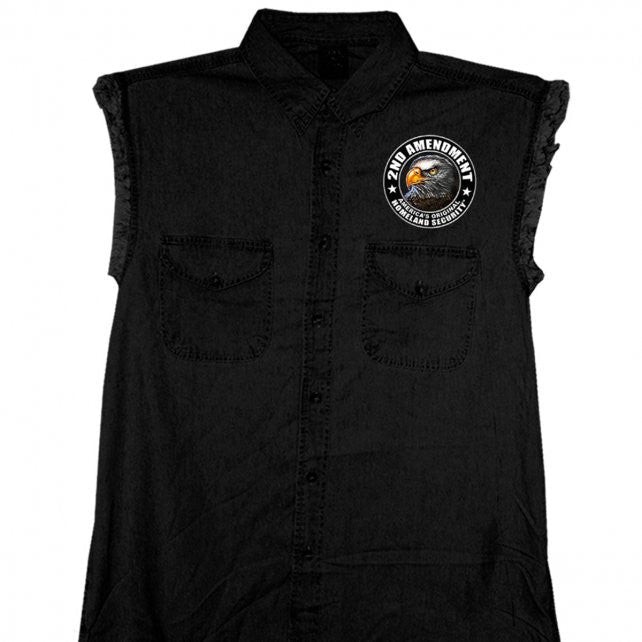 Hot Leathers New Down Flag Sleeveless Denim Button Up Biker Shirt Sleeveless Denim - Tophatter Daily Deals