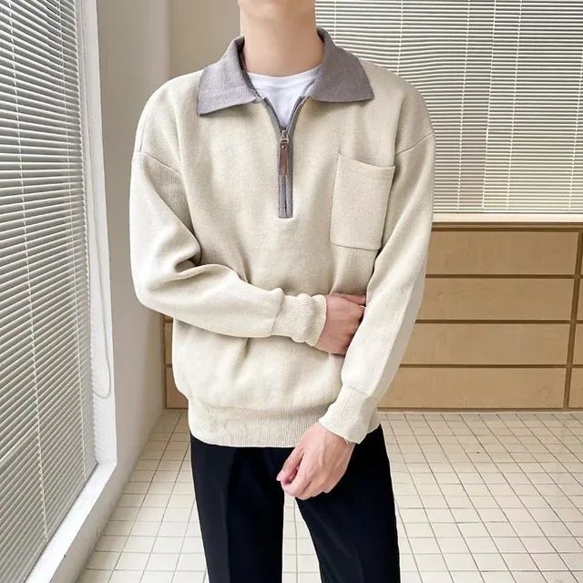 Lightweight Men's Half Zip Pullover - Reverse Collar, Knit Beige - Tophatter Daily Deals