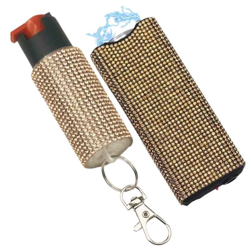 Rhinestone Mini Stun Gun and Pepper Spray Keychain Kit Gold Package Deals - Tophatter Daily Deals