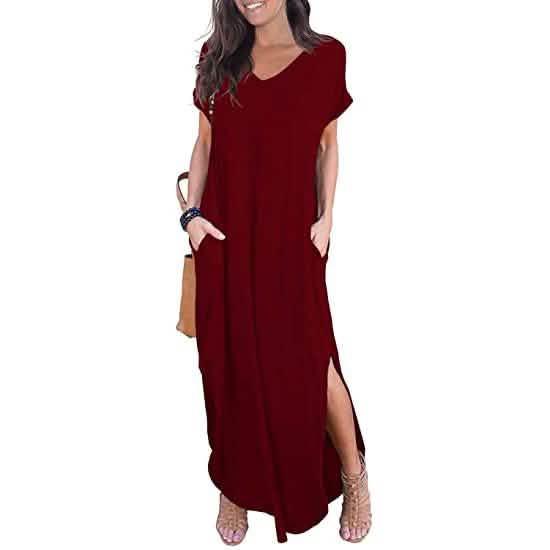 Women's Casual Loose Pocket Split Maxi Dress Burgundy Women's Dresses - Tophatter Daily Deals