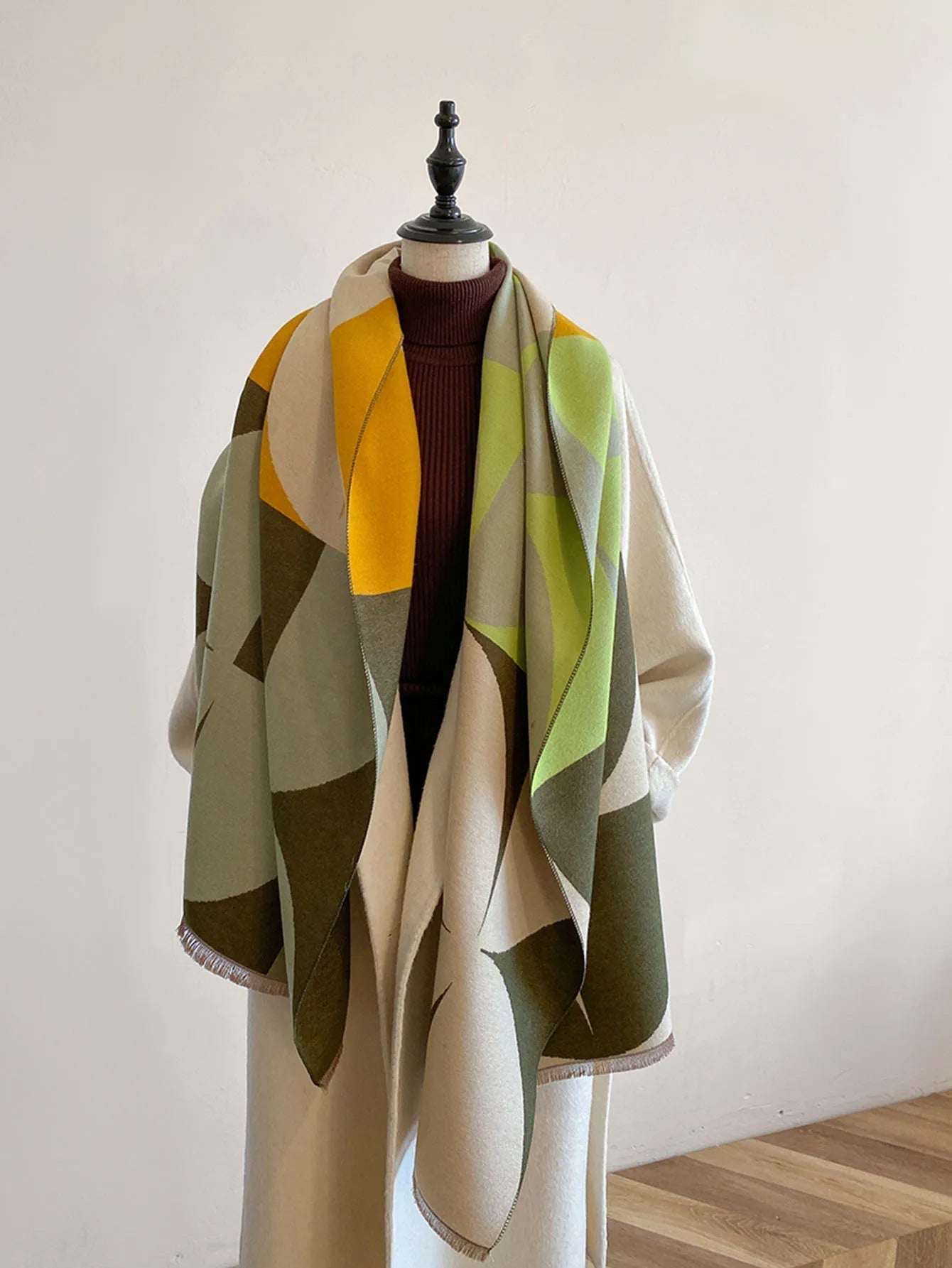 Oversized Womens Scarf - Reversible Geometric Cashmere Green - Tophatter Daily Deals