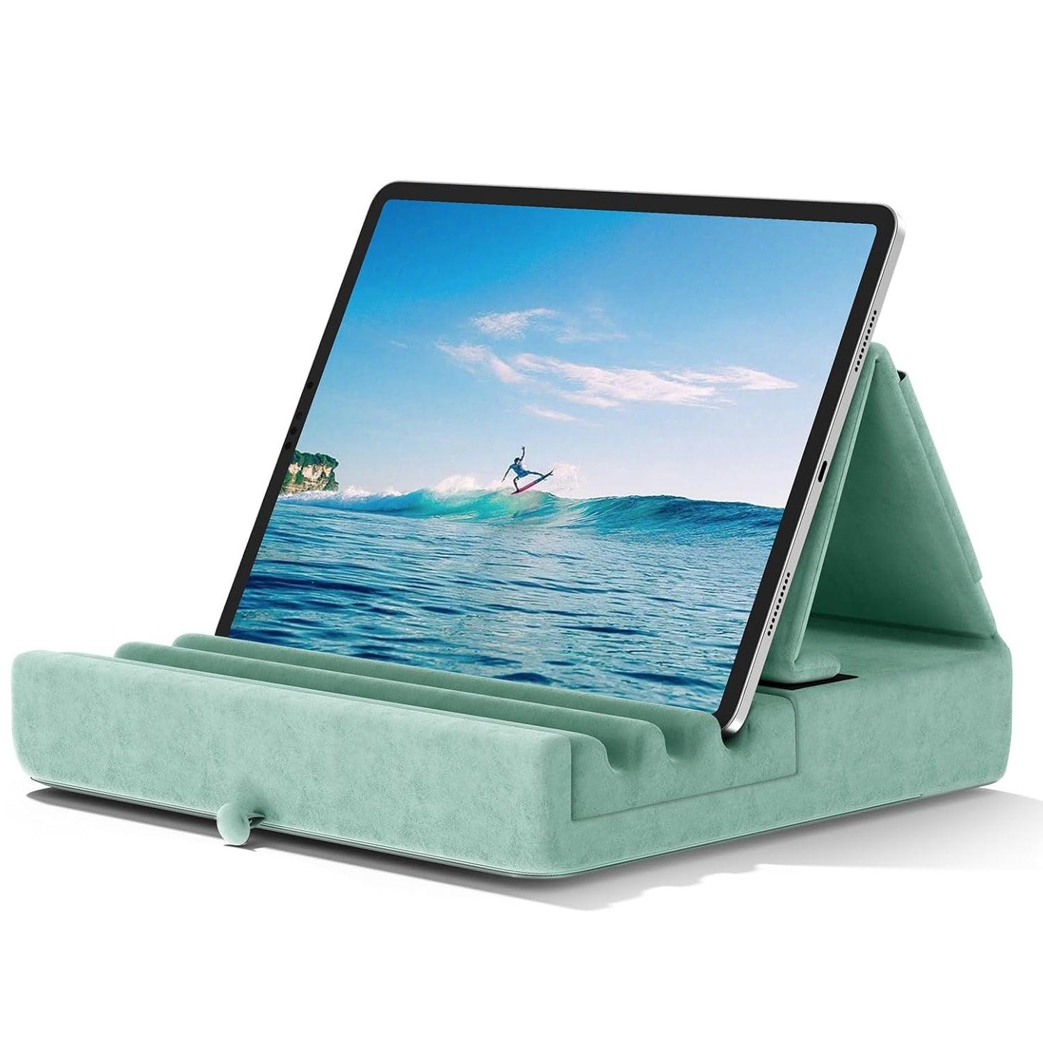 Tablet Pillow Stand - Foldable iPad Holder for Lap | Bed and Desk with Pocket & Stylus Mount Compatible with iPad Pro 12.9, 10.5, 9.7 Air Mini 6 5 4 3 Green Apparel & Accessories - Tophatter Daily Deals