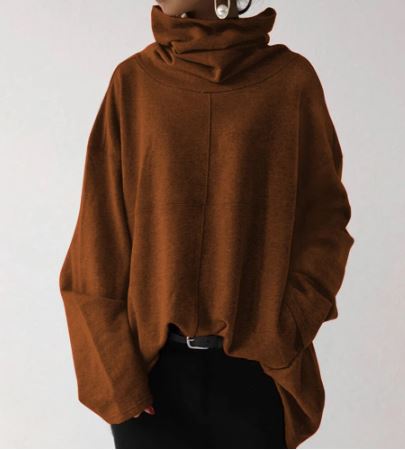 Oversized Women Turtleneck Sweatshirt - Funnel Neck, Cotton Coffee - Tophatter Daily Deals