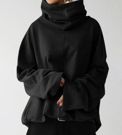Oversized Women Turtleneck Sweatshirt - Funnel Neck, Cotton Black - Tophatter Daily Deals
