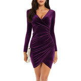 GUBERRY Womens Wrap V Neck Long Sleeve Velvet Bodycon Ruched Cocktail Party Dress Purple Women's Dresses - Tophatter Daily Deals