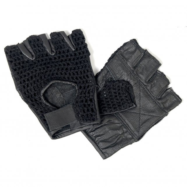 Hot Leathers Fingerless Black Leather Gloves w/Mesh Gloves - Tophatter Daily Deals