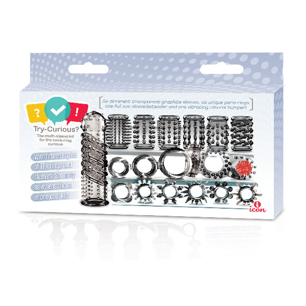 Try-Curious Cock Ring and Sleeve Set Clear – 15 Piece TPR Cock Ring and Sleeve Kit > Cock Ring > Sets - Tophatter Daily Deals