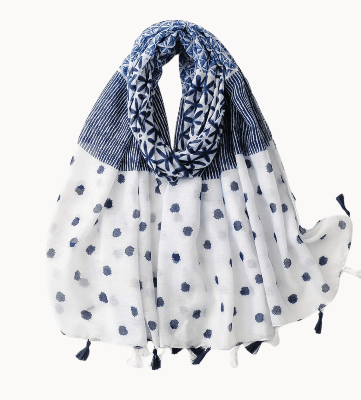 Geometric and Navy Dot Scarf with Tassels Multi Scarves - Tophatter Daily Deals