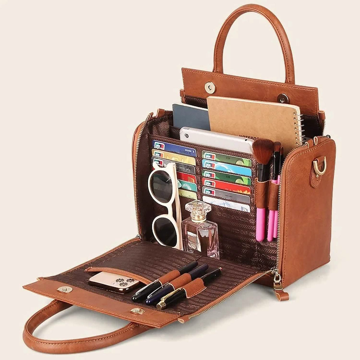 Vintage PU Leather Handbag with Multi Pocket Organizer Insert Light Brown Handbags & Wallets - Tophatter Daily Deals