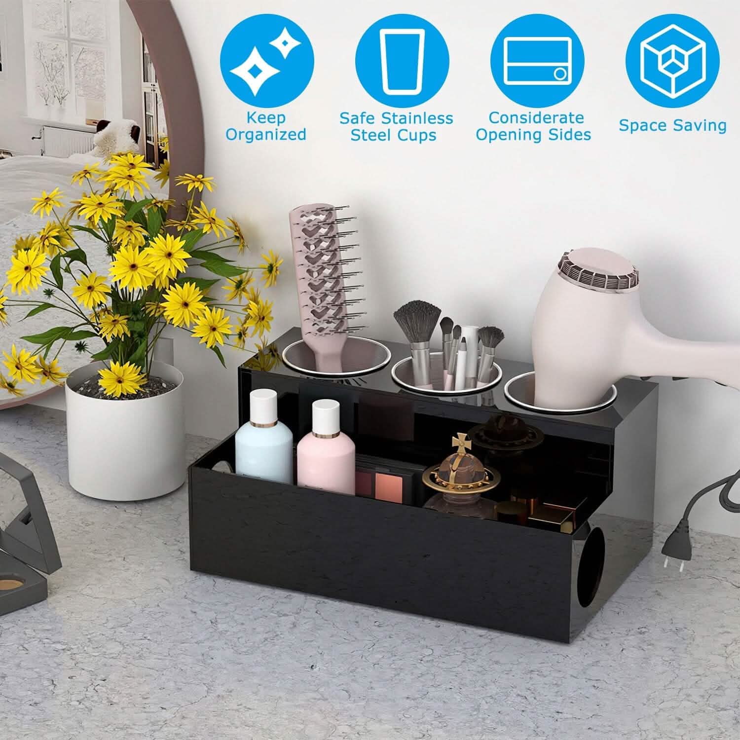 Hair Dryer Organizer with 3 Stainless Steel Cups Storage & Organization - Tophatter Daily Deals