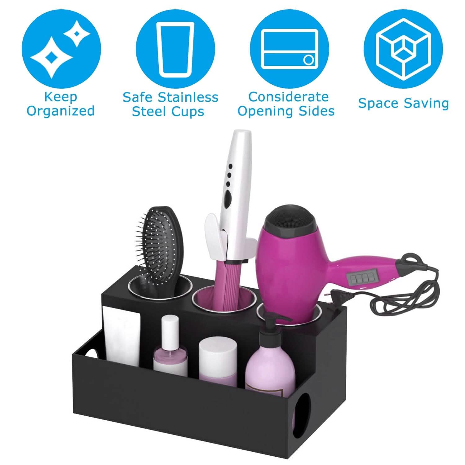 Hair Dryer Organizer with 3 Stainless Steel Cups Storage & Organization - Tophatter Daily Deals