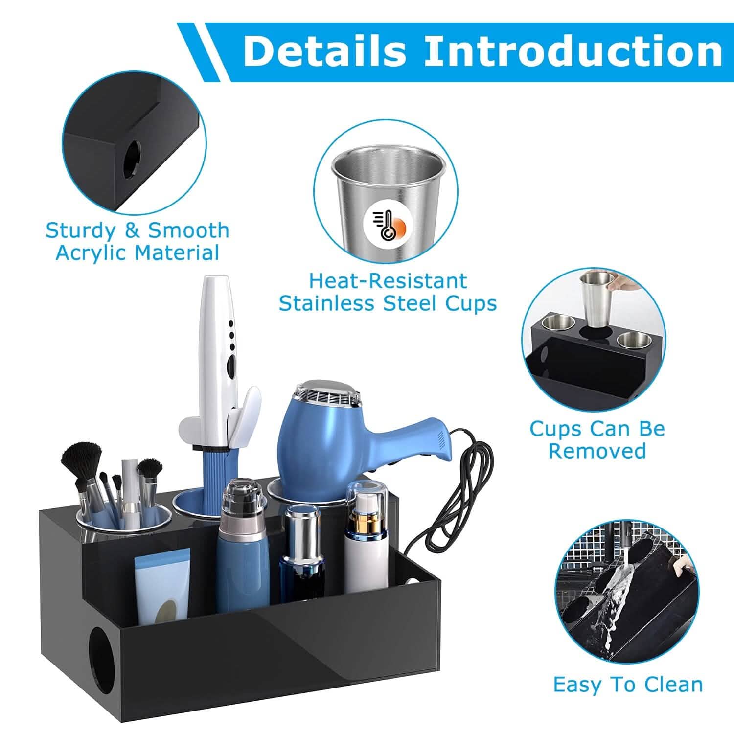 Hair Dryer Organizer with 3 Stainless Steel Cups Storage & Organization - Tophatter Daily Deals