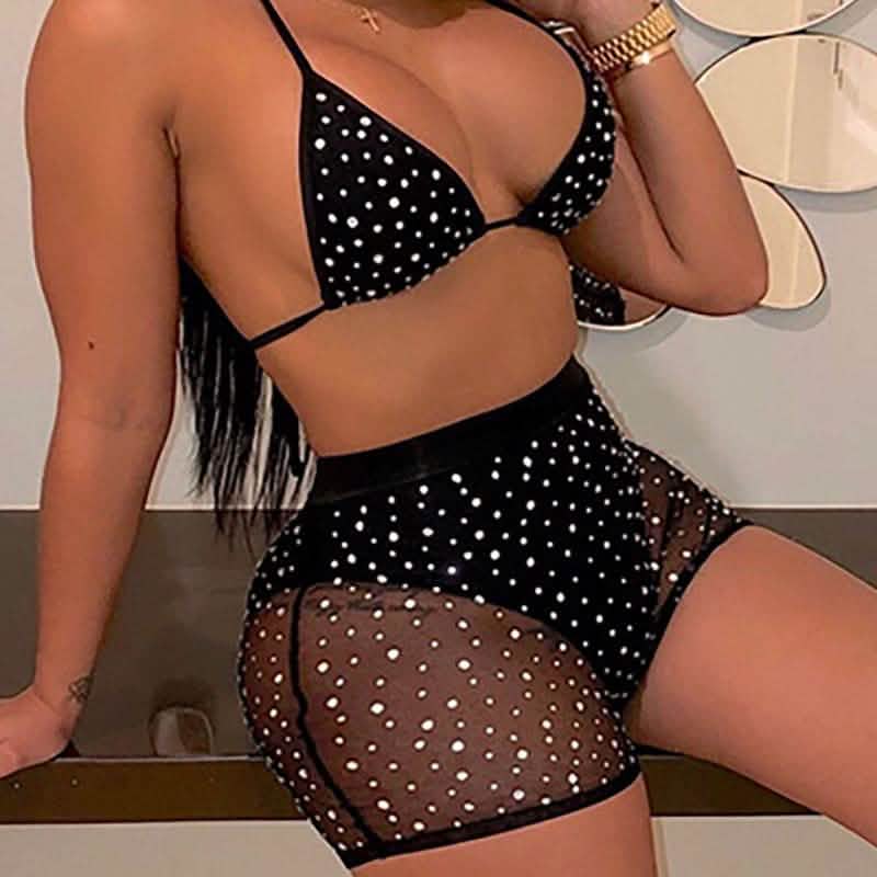 Halter See Through Sequins Mesh Bra & Shorts Black Women's Lingerie - Tophatter Daily Deals