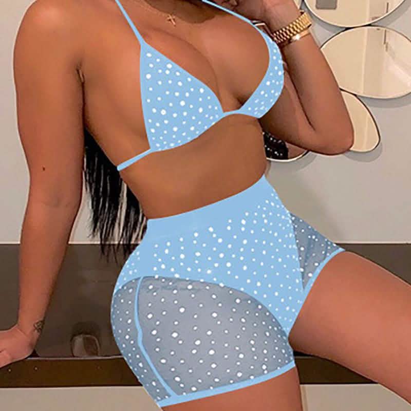 Halter See Through Sequins Mesh Bra & Shorts Light Blue Women's Lingerie - Tophatter Daily Deals