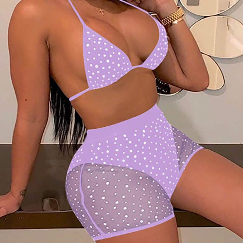Halter See Through Sequins Mesh Bra & Shorts Purple Women's Lingerie - Tophatter Daily Deals
