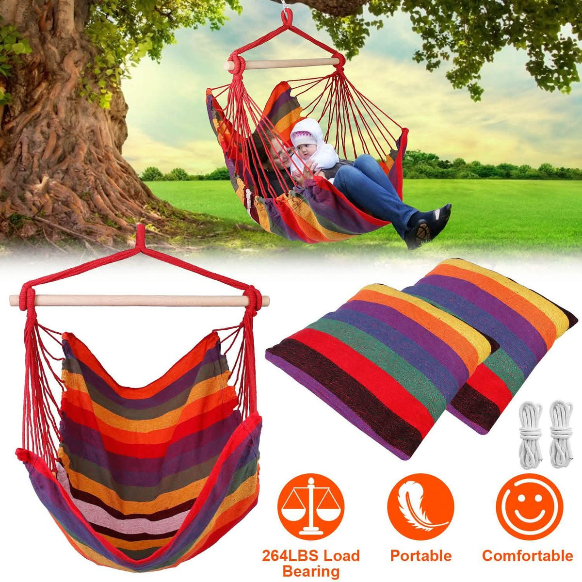 Hammock Hanging Chair Canvas with 2 Pillows Garden & Patio - Tophatter Daily Deals