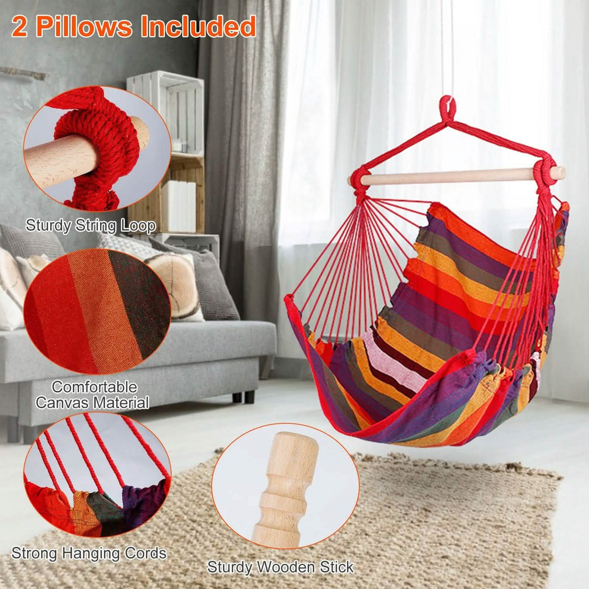 Hammock Hanging Chair Canvas with 2 Pillows Garden & Patio - Tophatter Daily Deals