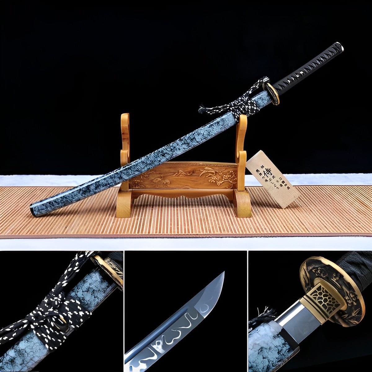 Hand Forged Japanese Samurai Katana Fine Iron Mounted Burnt Edge T10 Carbon steel Blue - Tophatter Daily Deals