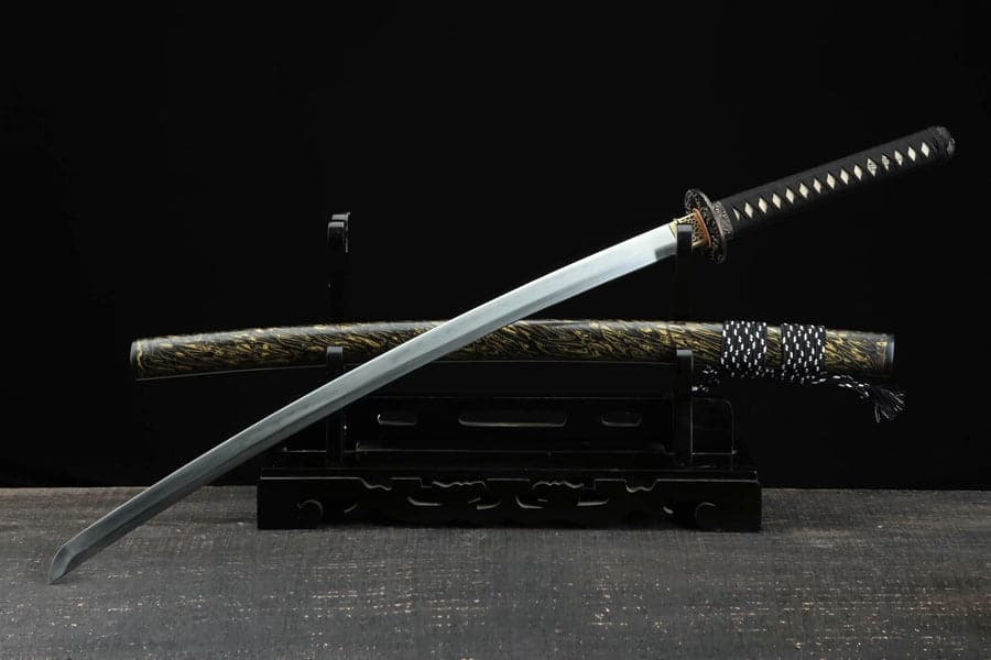Hand Forged Japanese Samurai Katana Sea Wave Cutter Plate Pattern Steel Yellow - Tophatter Daily Deals