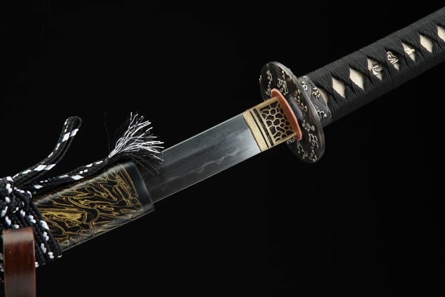 Hand Forged Japanese Samurai Katana Sea Wave Cutter Plate Pattern Steel Yellow - Tophatter Daily Deals