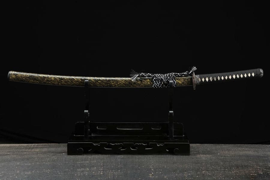 Hand Forged Japanese Samurai Katana Sea Wave Cutter Plate Pattern Steel Yellow - Tophatter Daily Deals