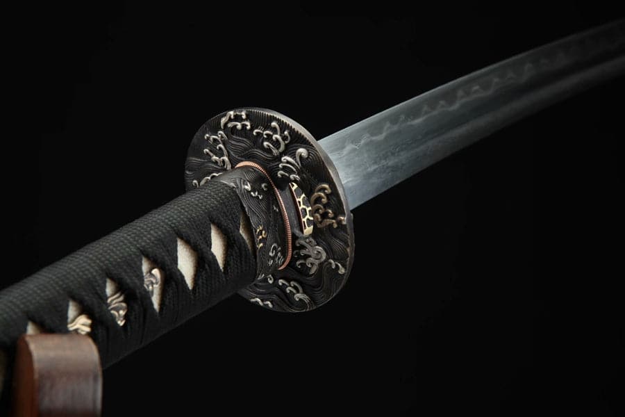 Hand Forged Japanese Samurai Katana Sea Wave Cutter Plate Pattern Steel Yellow - Tophatter Daily Deals