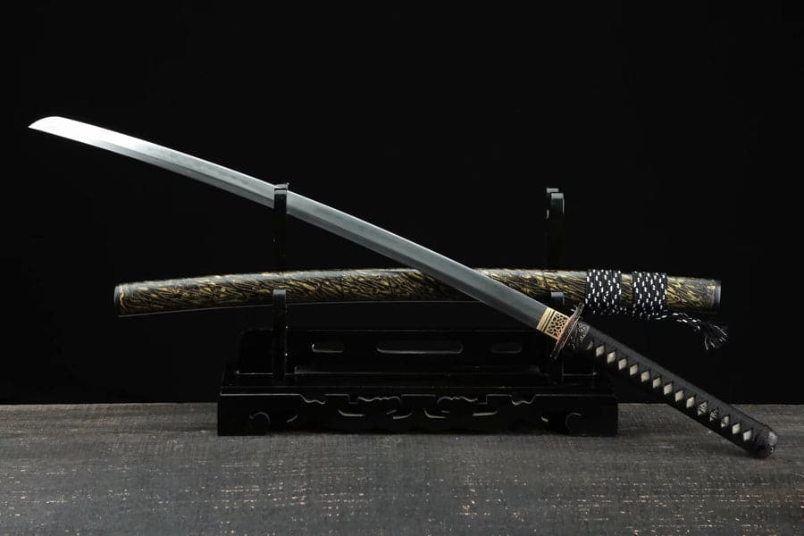 Hand Forged Japanese Samurai Katana Sea Wave Cutter Plate Pattern Steel Yellow - Tophatter Daily Deals