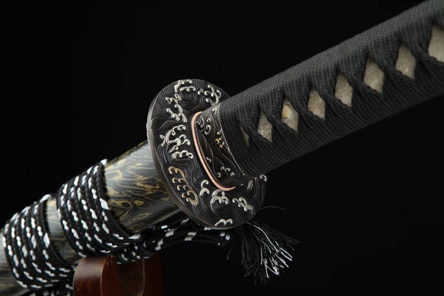 Hand Forged Japanese Samurai Katana Sea Wave Cutter Plate Pattern Steel Yellow - Tophatter Daily Deals