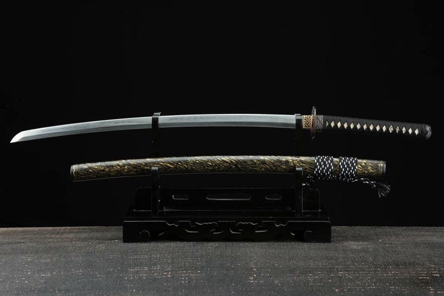Hand Forged Japanese Samurai Katana Sea Wave Cutter Plate Pattern Steel Yellow - Tophatter Daily Deals