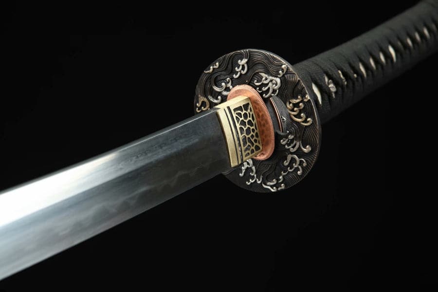 Hand Forged Japanese Samurai Katana Sea Wave Cutter Plate Pattern Steel Yellow - Tophatter Daily Deals