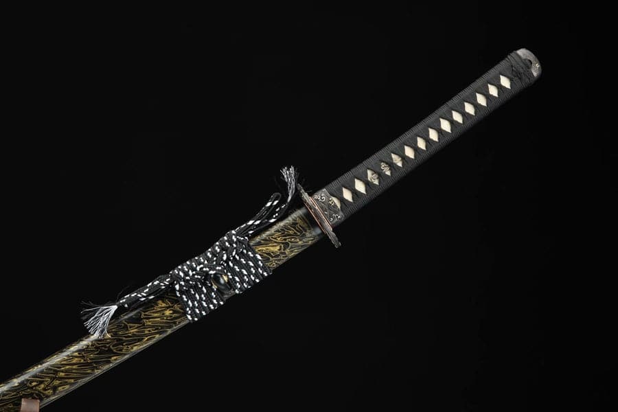 Hand Forged Japanese Samurai Katana Sea Wave Cutter Plate Pattern Steel Yellow - Tophatter Daily Deals