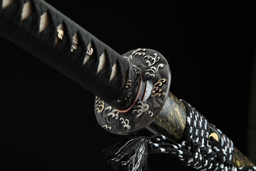Hand Forged Japanese Samurai Katana Sea Wave Cutter Plate Pattern Steel Yellow - Tophatter Daily Deals