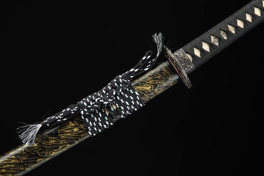 Hand Forged Japanese Samurai Katana Sea Wave Cutter Plate Pattern Steel Yellow - Tophatter Daily Deals
