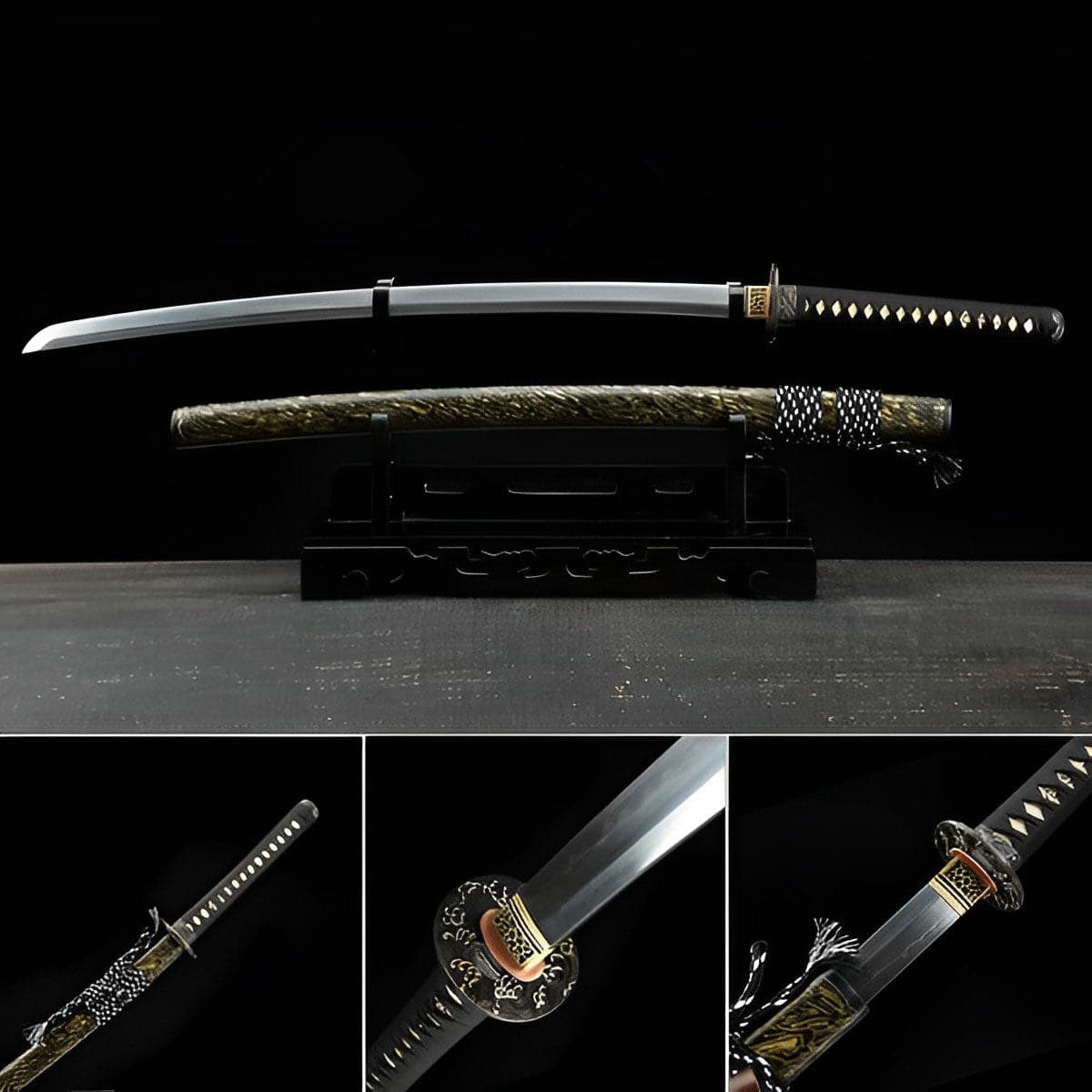 Hand Forged Japanese Samurai Katana Sea Wave Cutter Plate Pattern Steel Yellow - Tophatter Daily Deals