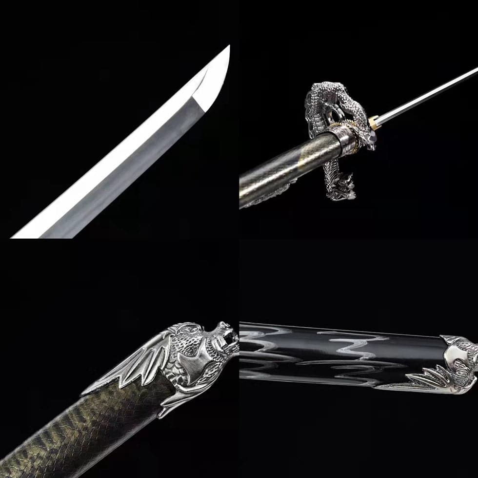 Hand Forged Japanese Samurai Katana Silver Dragon High Manganese Steel Black and grey - Tophatter Daily Deals