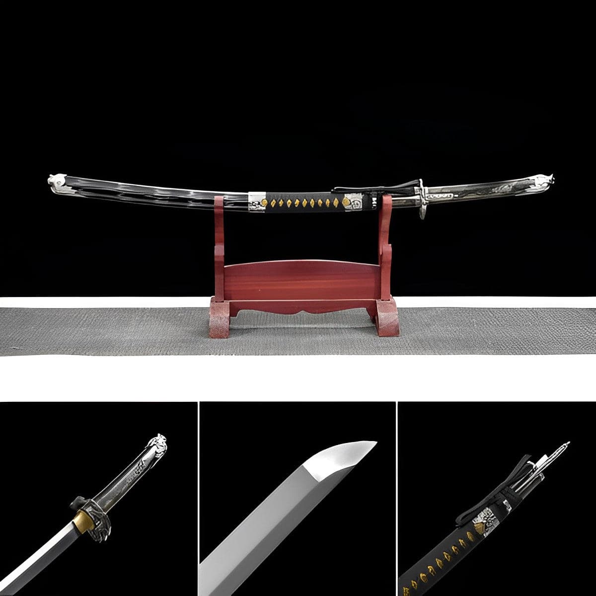 Hand Forged Japanese Samurai Katana Silver Dragon High Manganese Steel Black and grey - Tophatter Daily Deals