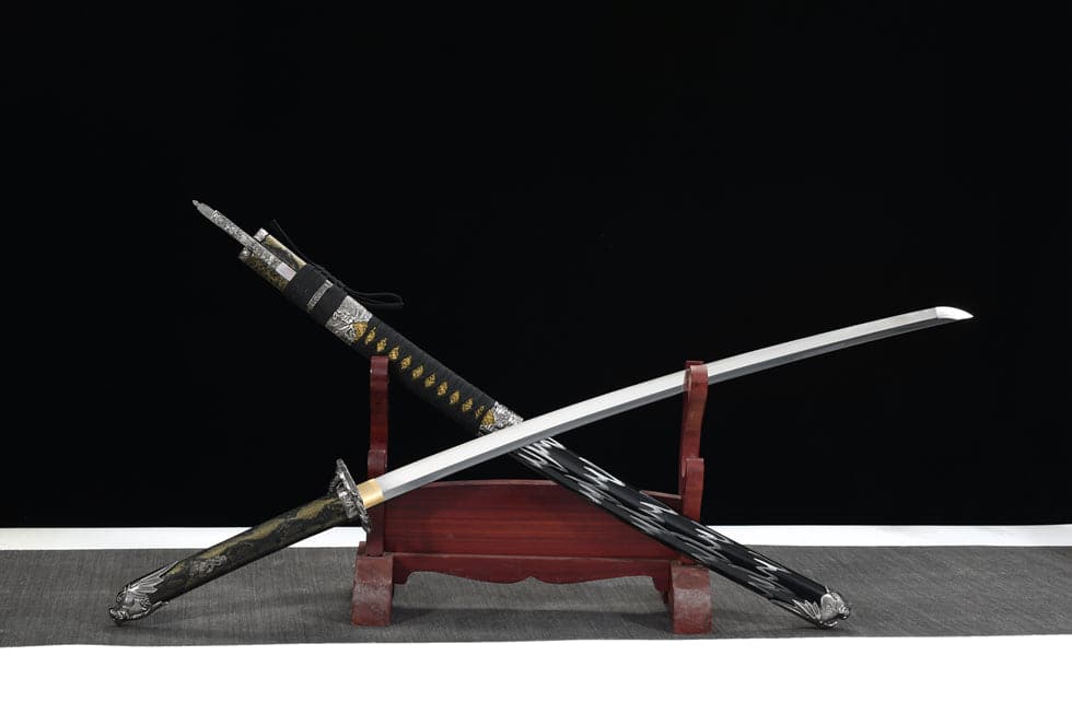 Hand Forged Japanese Samurai Katana Silver Dragon High Manganese Steel Black and grey - Tophatter Daily Deals