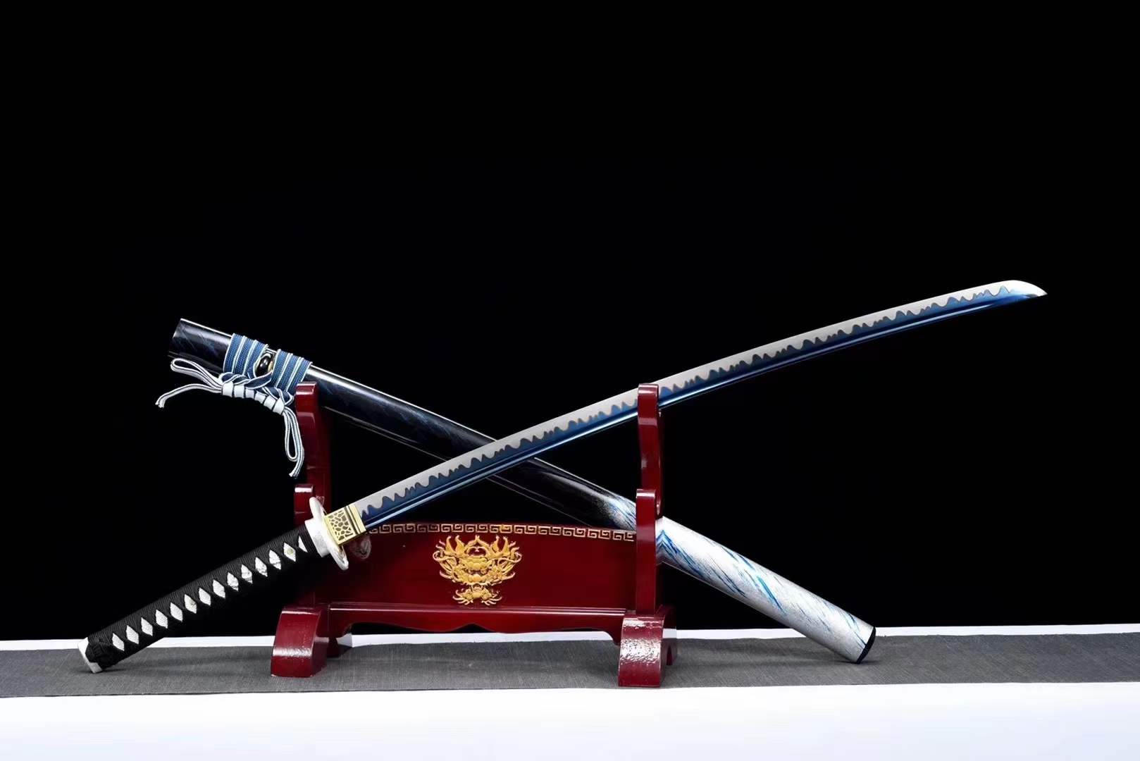 Hand Forged Japanese Samurai Katana 知恵を知る Spring Steel Roasted Blue Push Mill - Tophatter Daily Deals