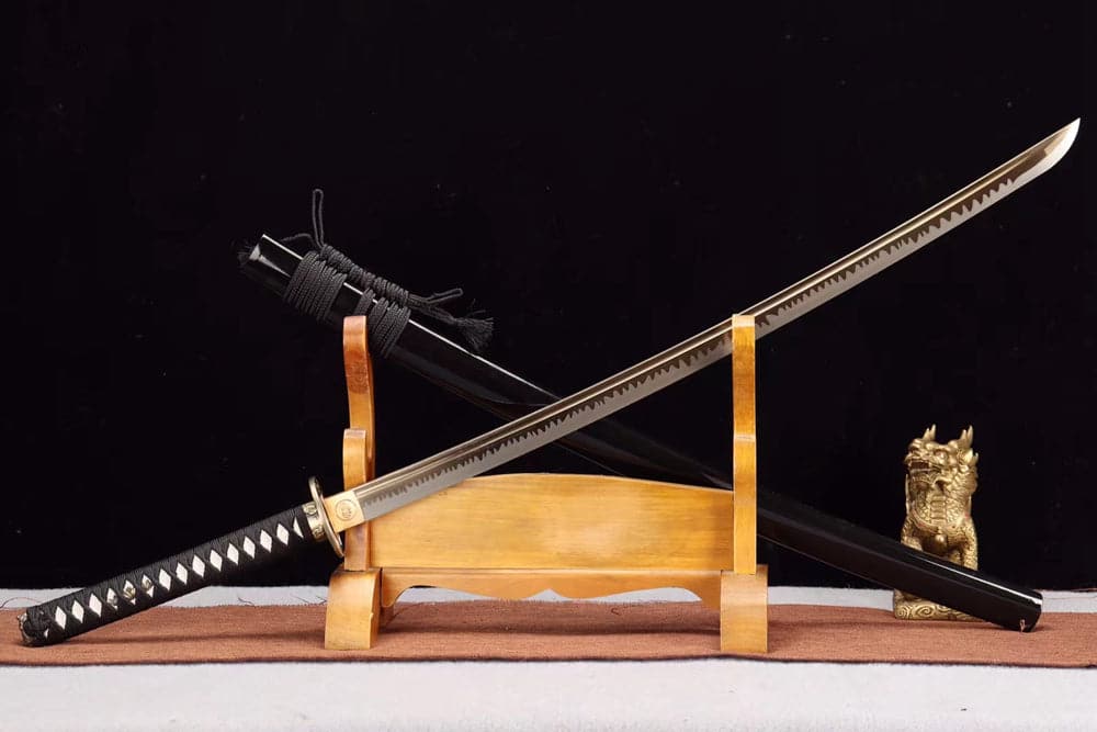 Hand Forged Japanese Samurai Katana Trefoil 1060 High Manganese Steel Baked gold blades - Tophatter Daily Deals