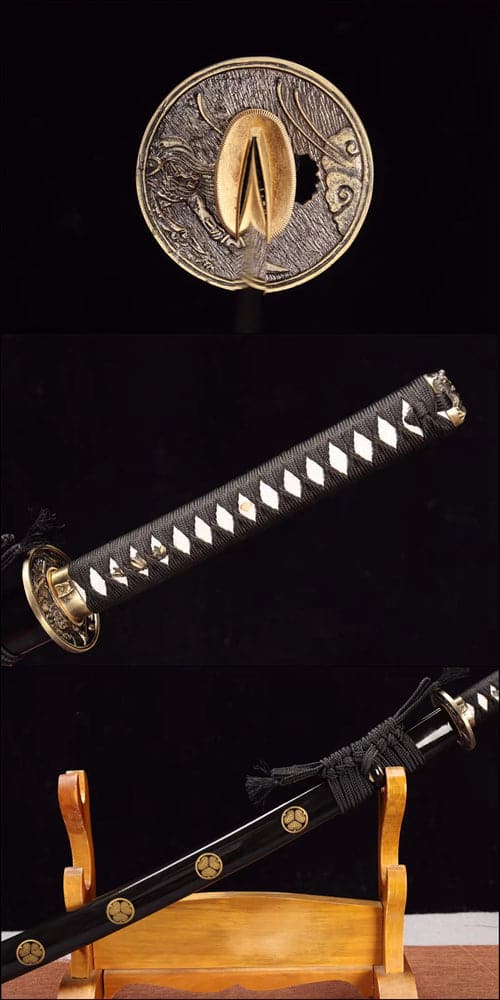 Hand Forged Japanese Samurai Katana Trefoil 1060 High Manganese Steel Baked gold blades - Tophatter Daily Deals