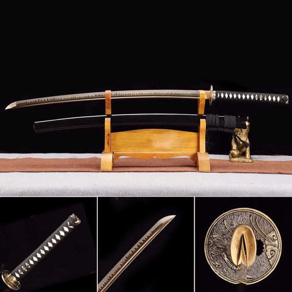 Hand Forged Japanese Samurai Katana Trefoil 1060 High Manganese Steel Baked gold blades - Tophatter Daily Deals
