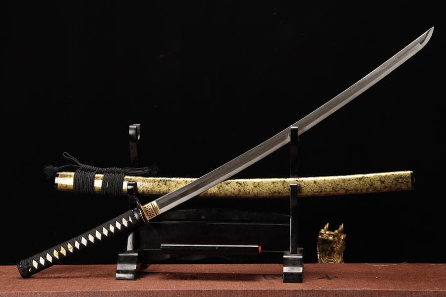 Hand Forged Japanese Samurai Katana Yama T8 carbon tool steel Yellow engraved knife sheath - Tophatter Daily Deals