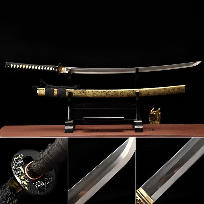 Hand Forged Japanese Samurai Katana Yama T8 carbon tool steel Yellow engraved knife sheath - Tophatter Daily Deals