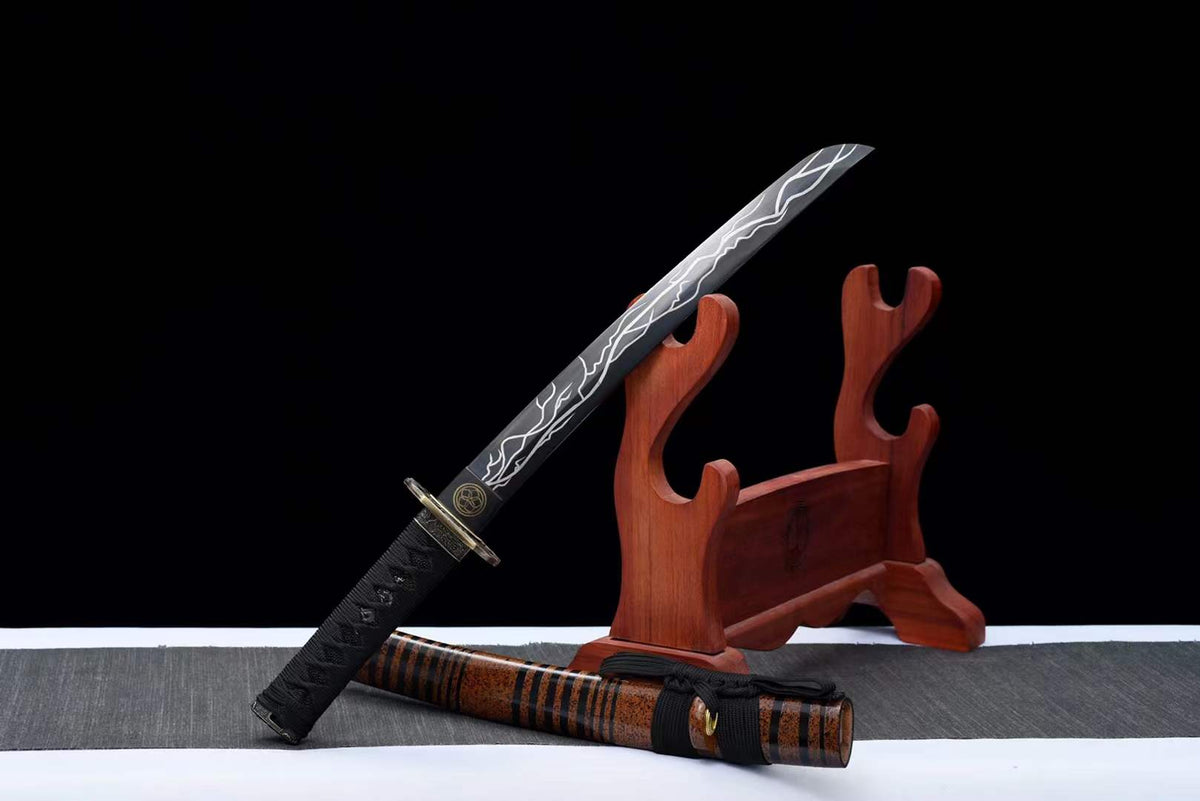 Hand Forged Japanese Tanto Storm Short Sword Manganese Steel Blackened blades - Tophatter Daily Deals