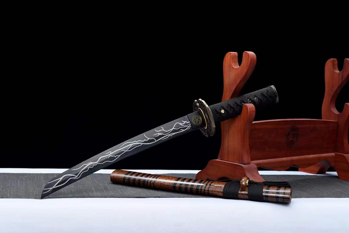 Hand Forged Japanese Tanto Storm Short Sword Manganese Steel Blackened blades - Tophatter Daily Deals