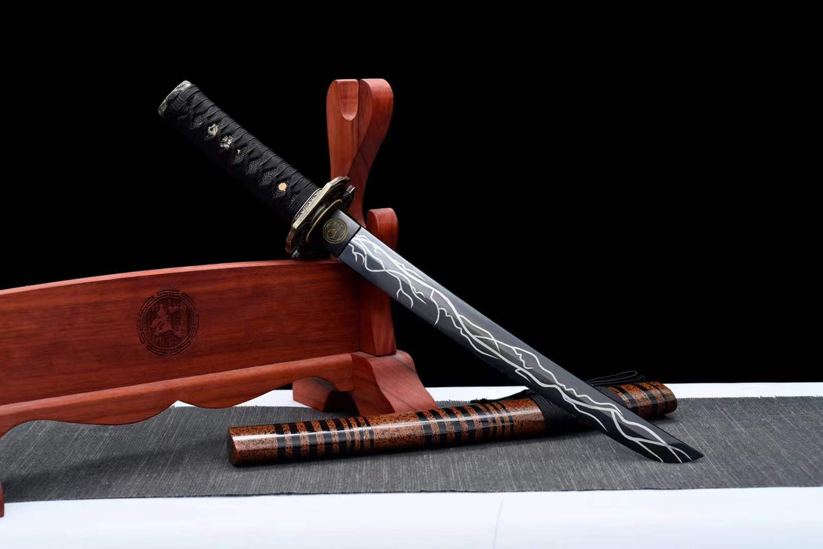 Hand Forged Japanese Tanto Storm Short Sword Manganese Steel Blackened blades - Tophatter Daily Deals