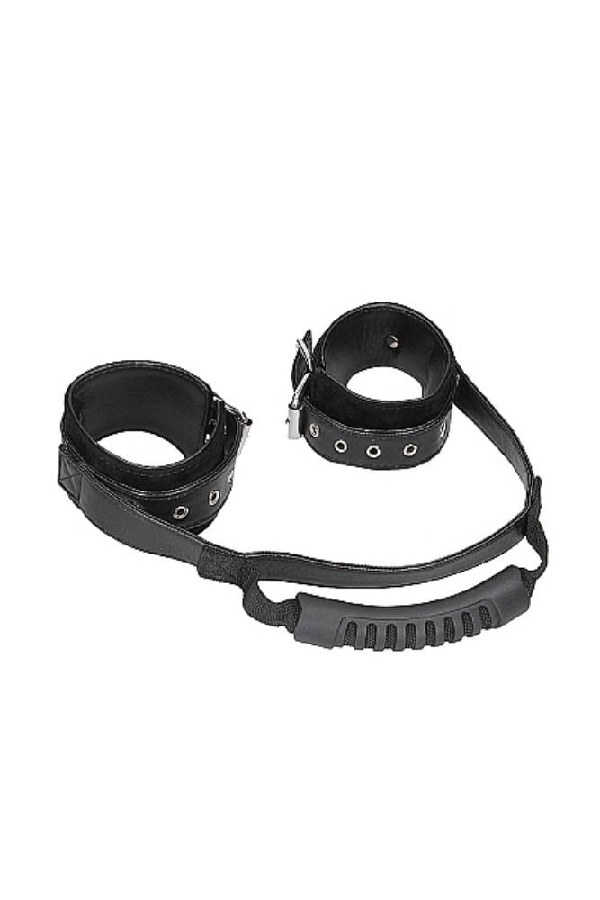 Ouch by Shots Toys - Black & White - Bonded Leather Hand Cuffs With Handle - Black BDSM - Tophatter Daily Deals
